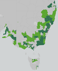 A screenshot of the Food Organics and Garden Organics (FOGO) interactive map, zoomed in on South Australia and the eastern states.