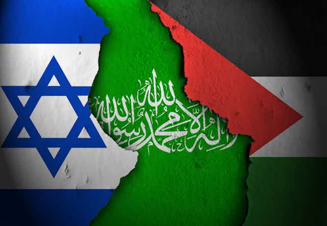 Banderas de Israel, Hamás y Palestina