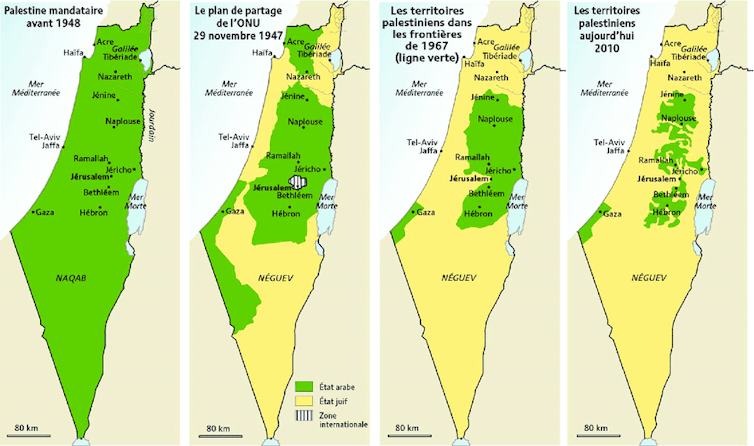 Mapas que muestran la evolución del territorio palestino (en verde), antes de 1948, en 1947 según el plan de la ONU, en 1967 y en 2010. A medida que pasa el tiempo se ve cómo, sobre el mapa, el territorio en verde va disminuyendo.