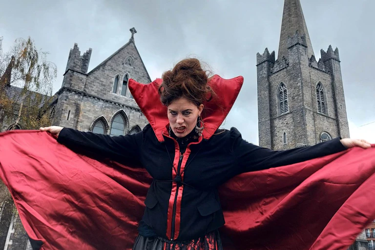 A participant in the Whitby Goth Weekend wearing an ornate costume.
