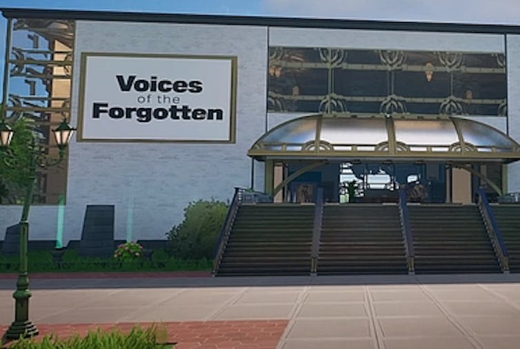 The front of the Fortnite's Holocaust Museum Voices of the Forgotten .