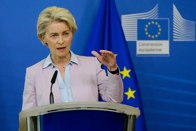 Ursula von der Leyen giving a statement to the press.