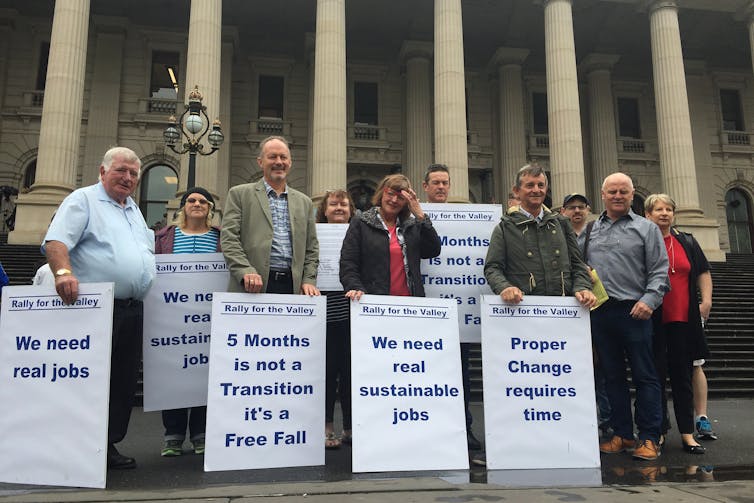 Workers protest outside Parliament against the closure of Victoria's Hazelwood Power Station in 2017.