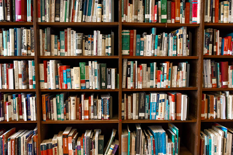 Books on library shelves