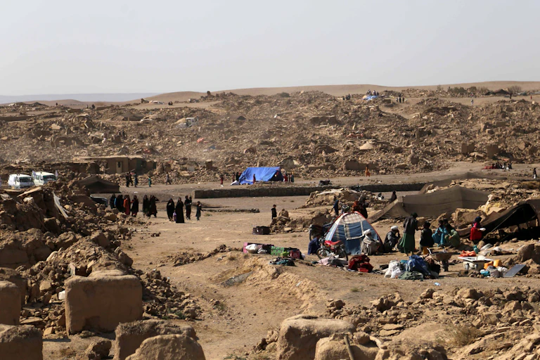 A village turned to rubble after an earthquake.