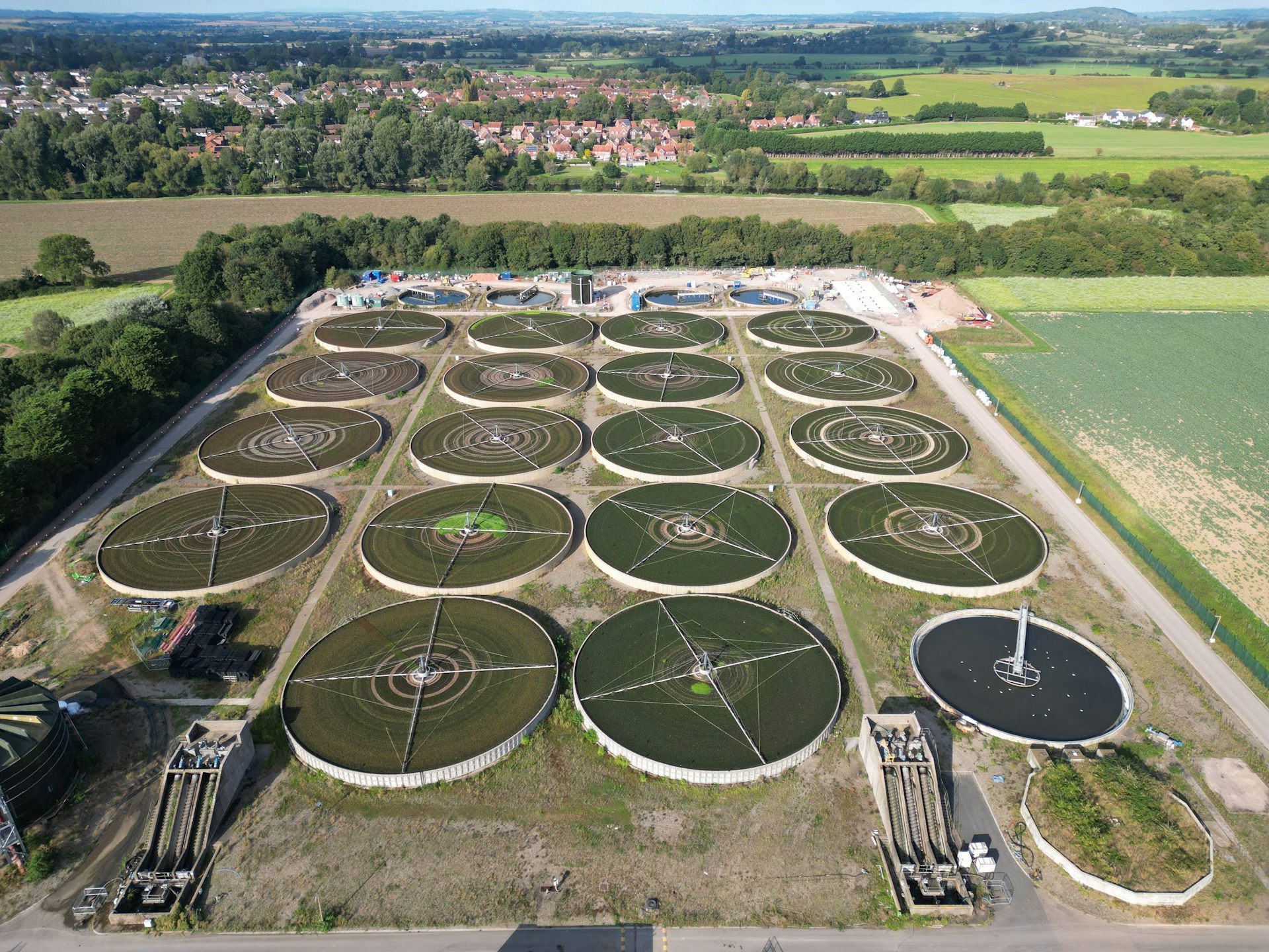 An aerial view of a wastewater plant