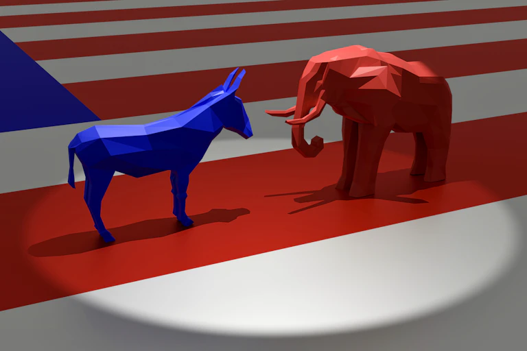 An artistic rendering of a blue donkey facing a red elephant as they face each other while standing on a flat field replicating an American flag.