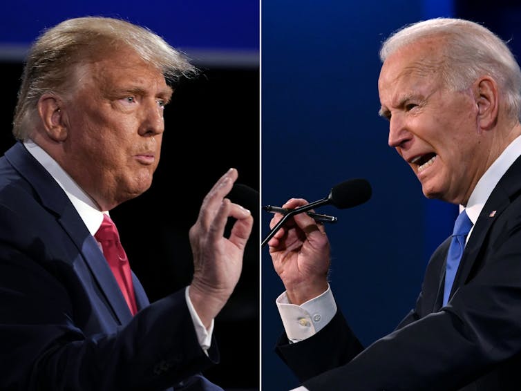 A split screen shows the images of two white men making a point.