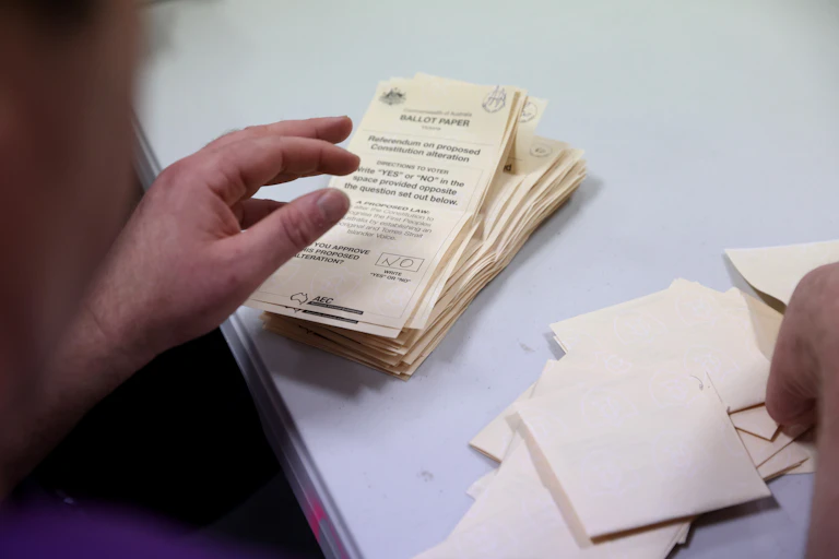 An over-the shoulder photo of a no voting ballot.