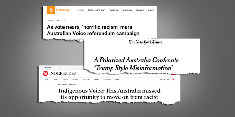 Page tear-outs with headlines from the websites of The Independent, Al Jazeera and the New York Times.