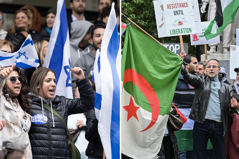 Two images combined as one show people raising their fists with the Israel flag while the other photos shows people waving pro-Palestine signs and flags