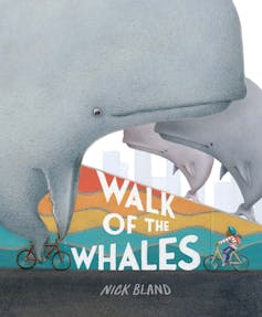 Cover of Walk of the Wales, showing whales on bikes.