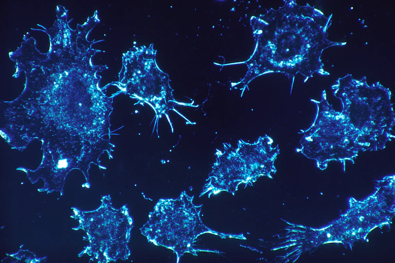 Microscopy image of cancer cells stained blue