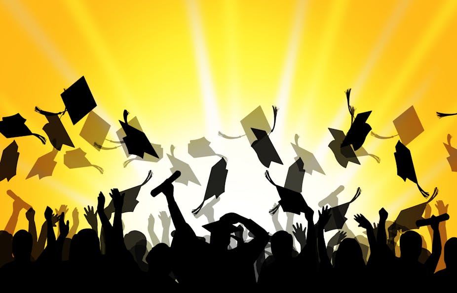 An illustration of university graduands throwing their mortarboards into the air and waving degree certificates, against a yellow background