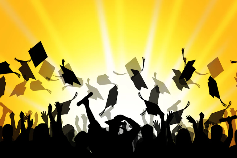 An illustration of university graduands throwing their mortarboards into the air and waving degree certificates, against a yellow background