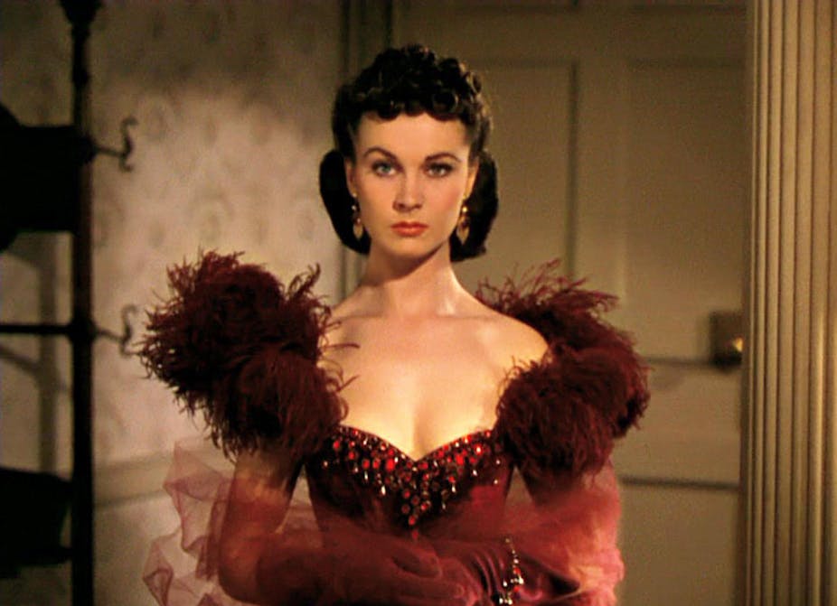 Viviene Leigh as Scarlett O'Hara in her glamorous red dress.