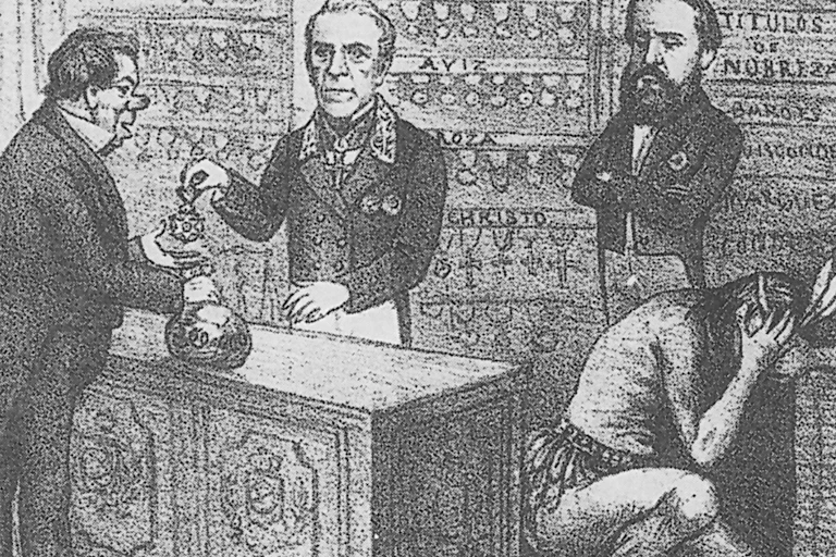 Desenho mostra quatro nobres bem vestidos em torno de um balcão de negócios. Ao lado, um índio envergonhado esconde o rosto.