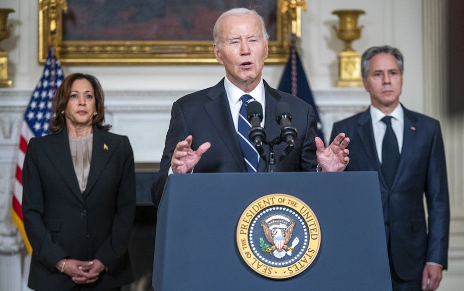 US president Joe Biden speaking at a lectern.