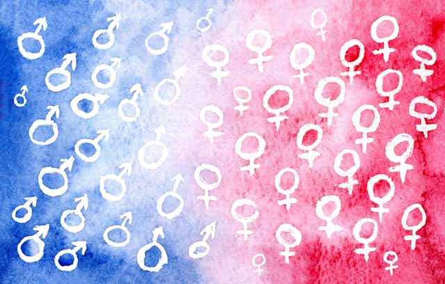 Watercolor illustration of male and female symbols coming from the right and left sides to coalesce in the center