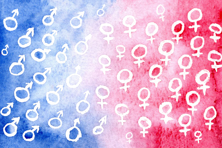 Watercolor illustration of male and female symbols coming from the right and left sides to coalesce in the center