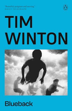 Cover image of Blueback by Tim Winton featuring black and white photo of children underwater.