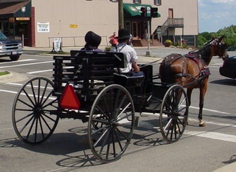 A simple, open-top horse-drawn carriage with a man and woman inside, going down a paved road.