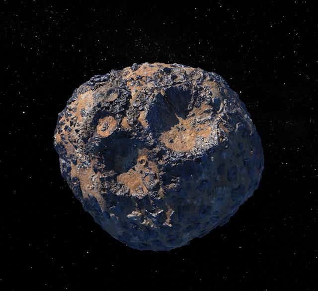An illustration showing a large, lumpy, reddish rock floating in space.