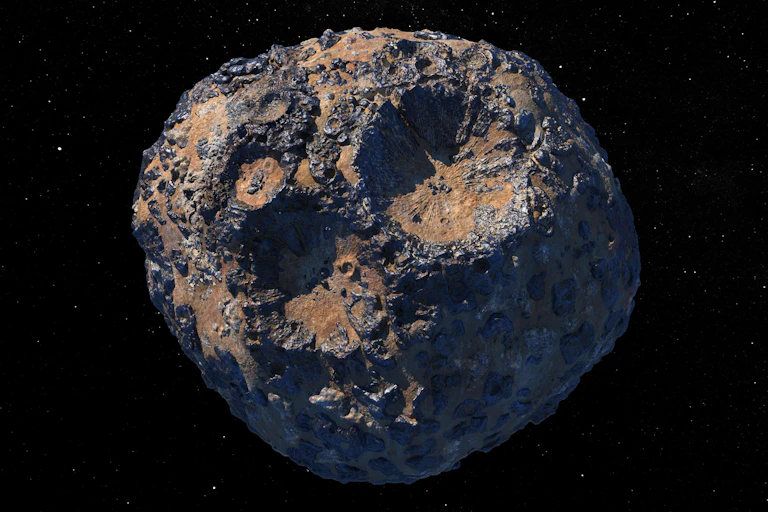 An illustration showing a large, lumpy, reddish rock floating in space.