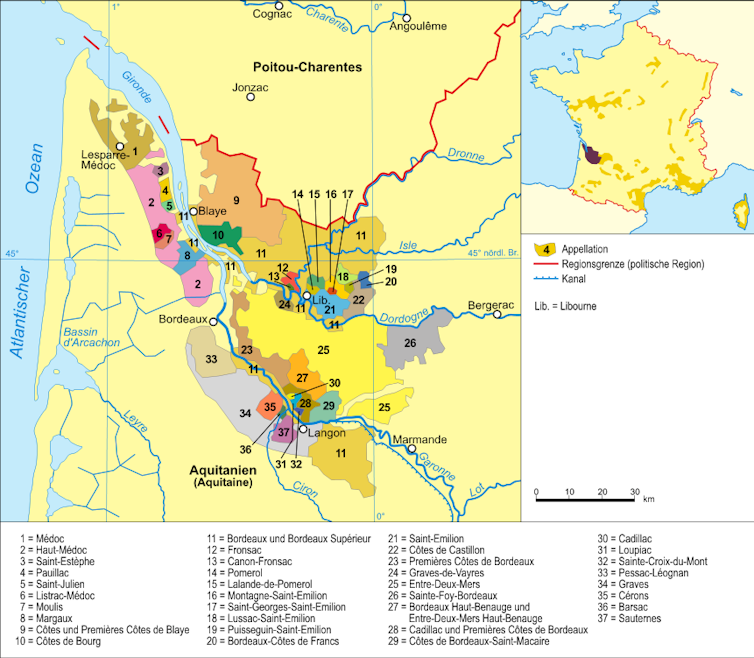 Annotated map of Bordeaux wine region