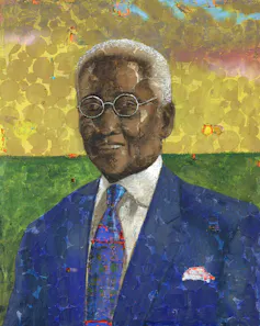A portrait of Sir Godfrey Geoff Palmer in multi colours.