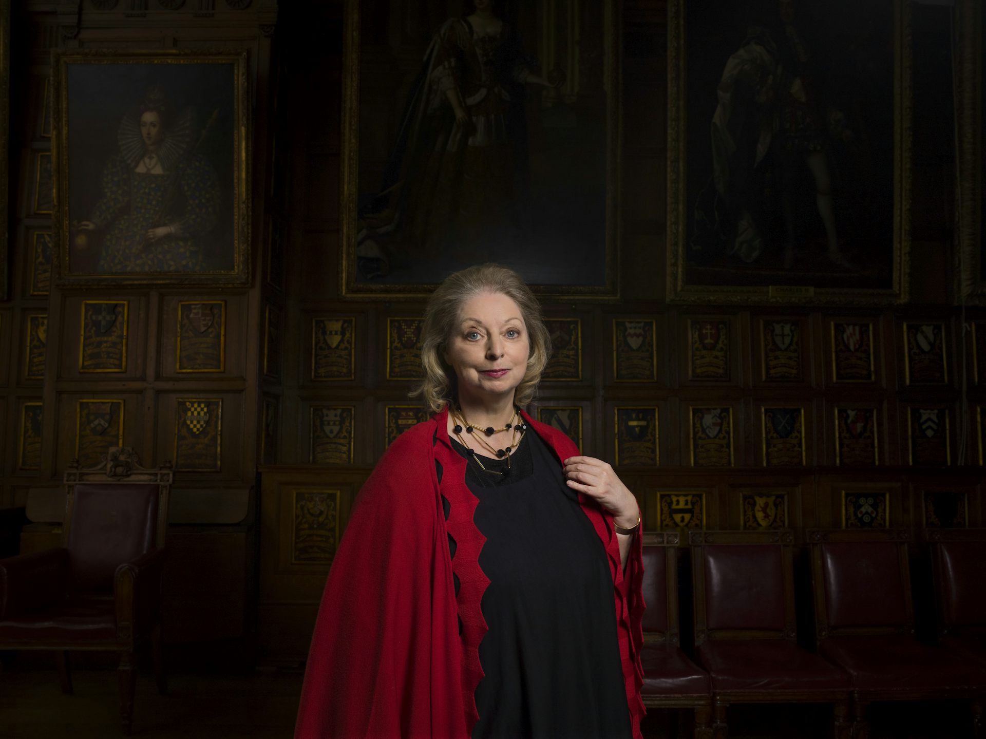 Hilary Mantel wearing red.