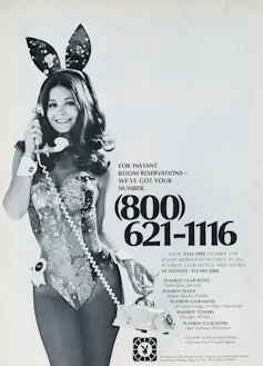 A black and white Playboy advert with a woman in a bunny suit