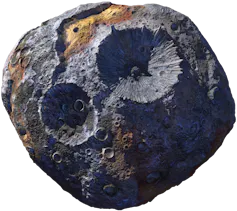 An artist's illustration of a gray asteroid with some yellow-ish surfaces, and two large circular craters.