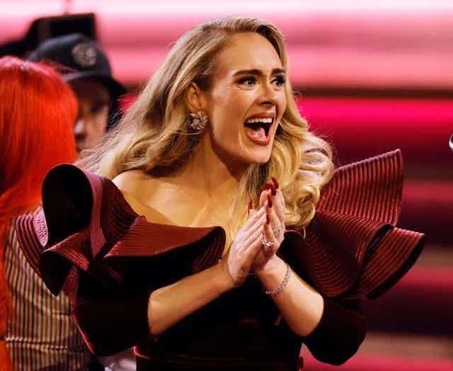 Singer Adele on stage at Grammy awards