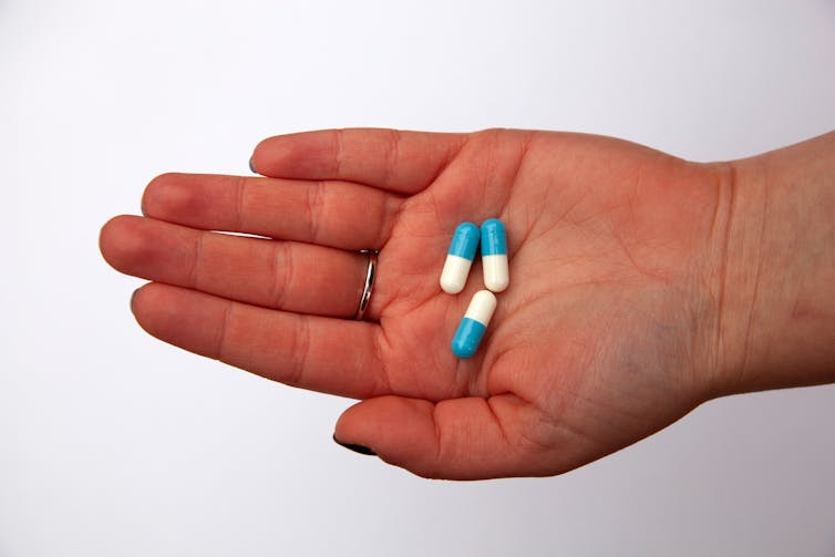 Person holds three antibiotic capsules