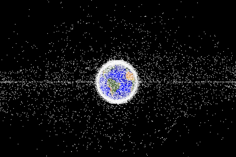 Computer generated image of Earth from a distant vantage point surrounded in tiny white dots