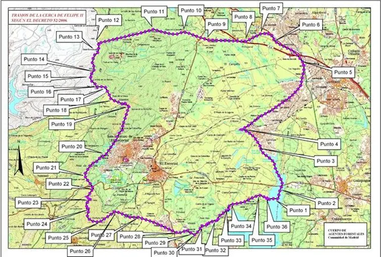 Mapa con el trazado de la Cerca Histórica de El Escorial (Madrid).