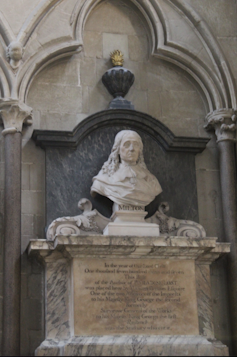 A plinth and bust of the poet Milton at Westminster Abbey.