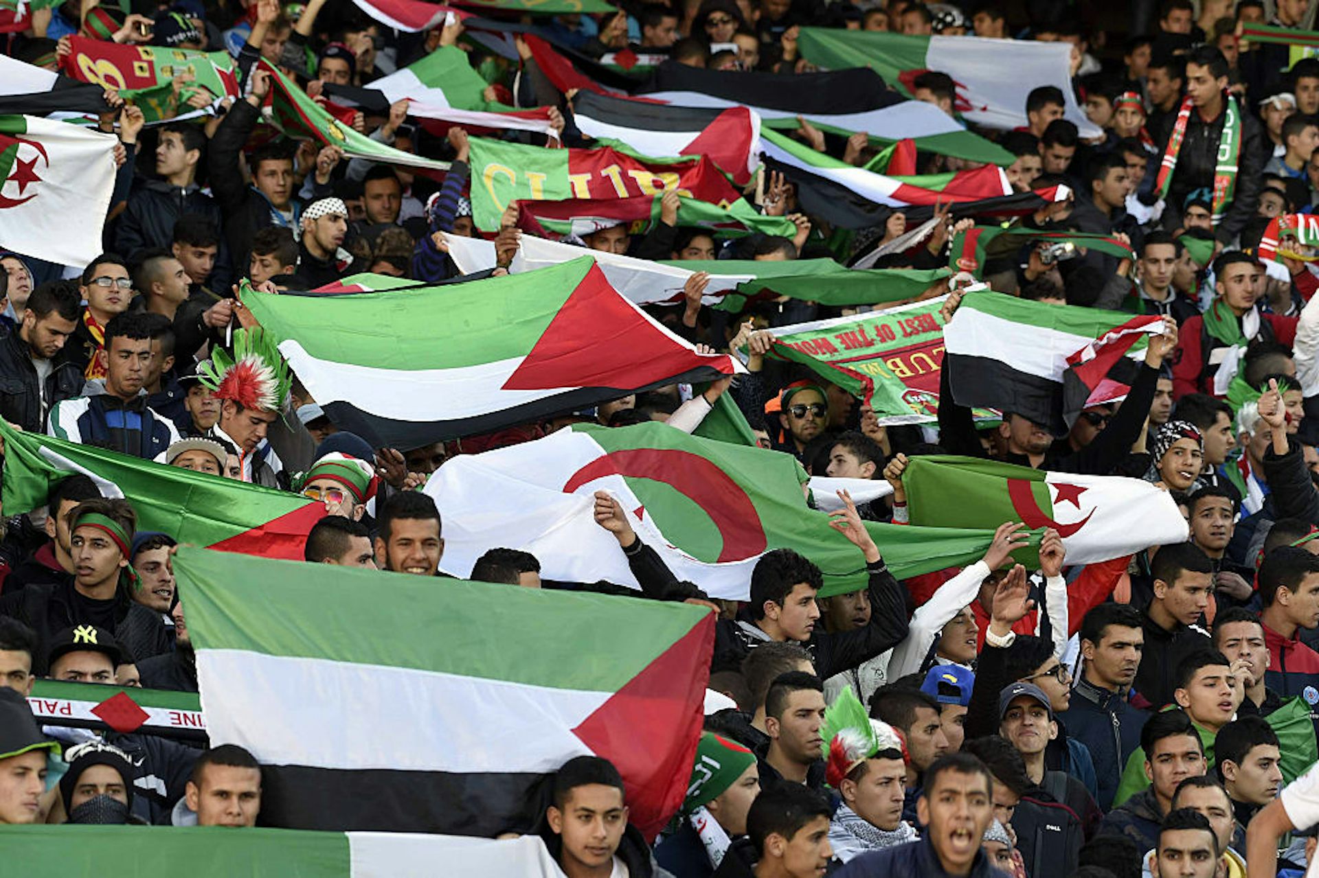 A sea of people in a sports stadium holding Palestinian and Algerian flags aloft.