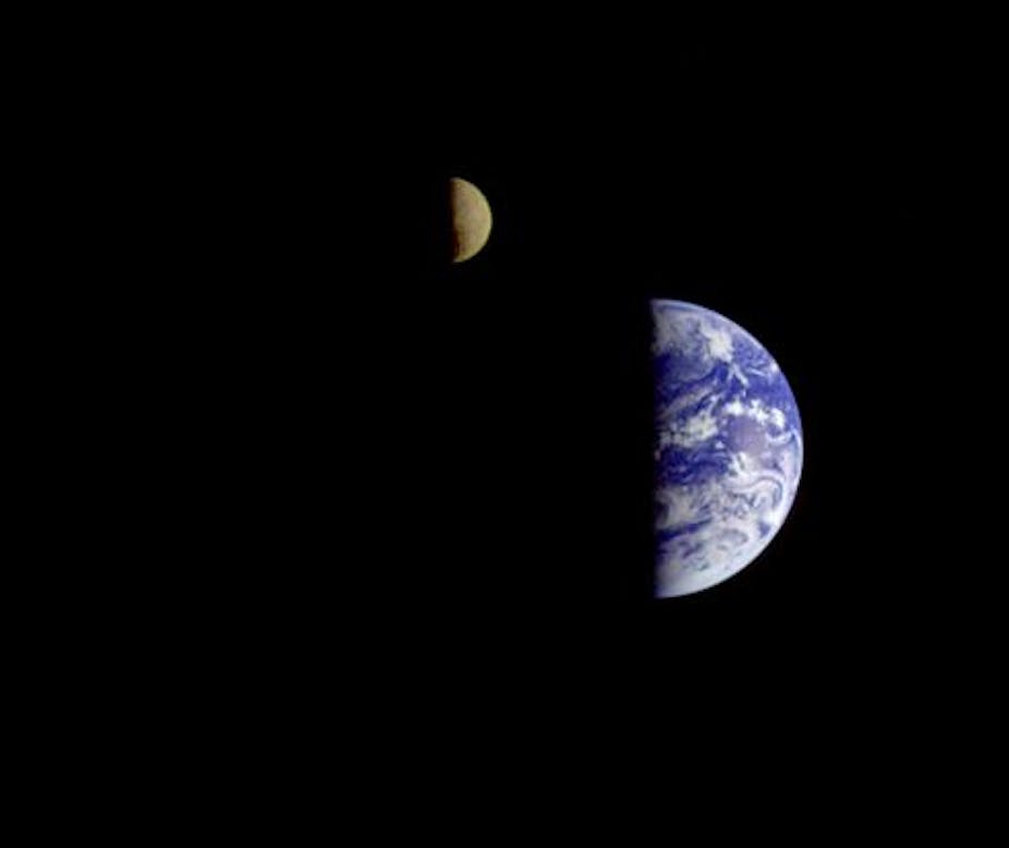Earth and Moon as seen by the Galileo spacecraft from a distance of 6 million km away