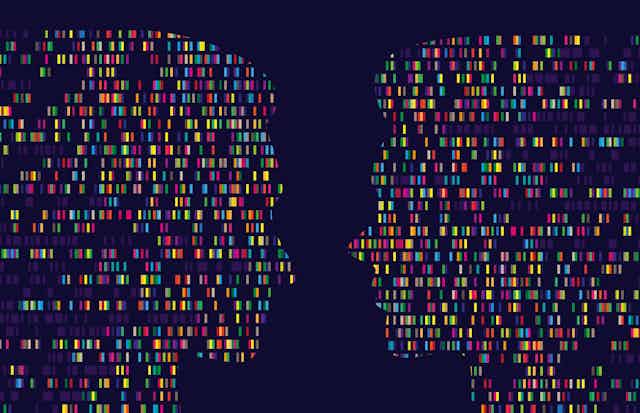 two silhouettes of human faces made out of rows of coloured bars 