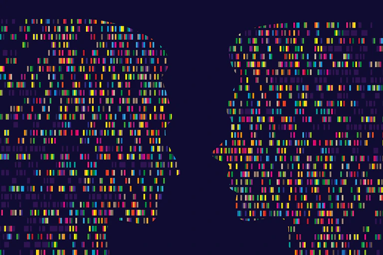 two silhouettes of human faces made out of rows of coloured bars
