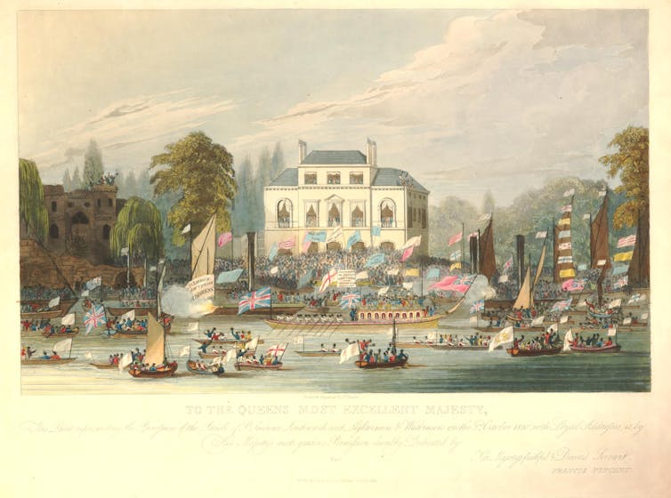 An archival watercolour showing a procession of boats on the River Thames.