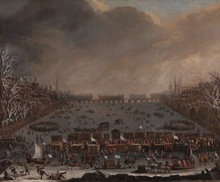 An historic oil painting depicting a frozen river in the 17th century.