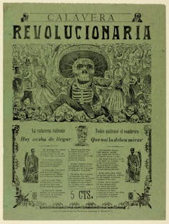 Printed broadsheet featuring text and a drawing of a skeleton wearing a big hat on green paper.