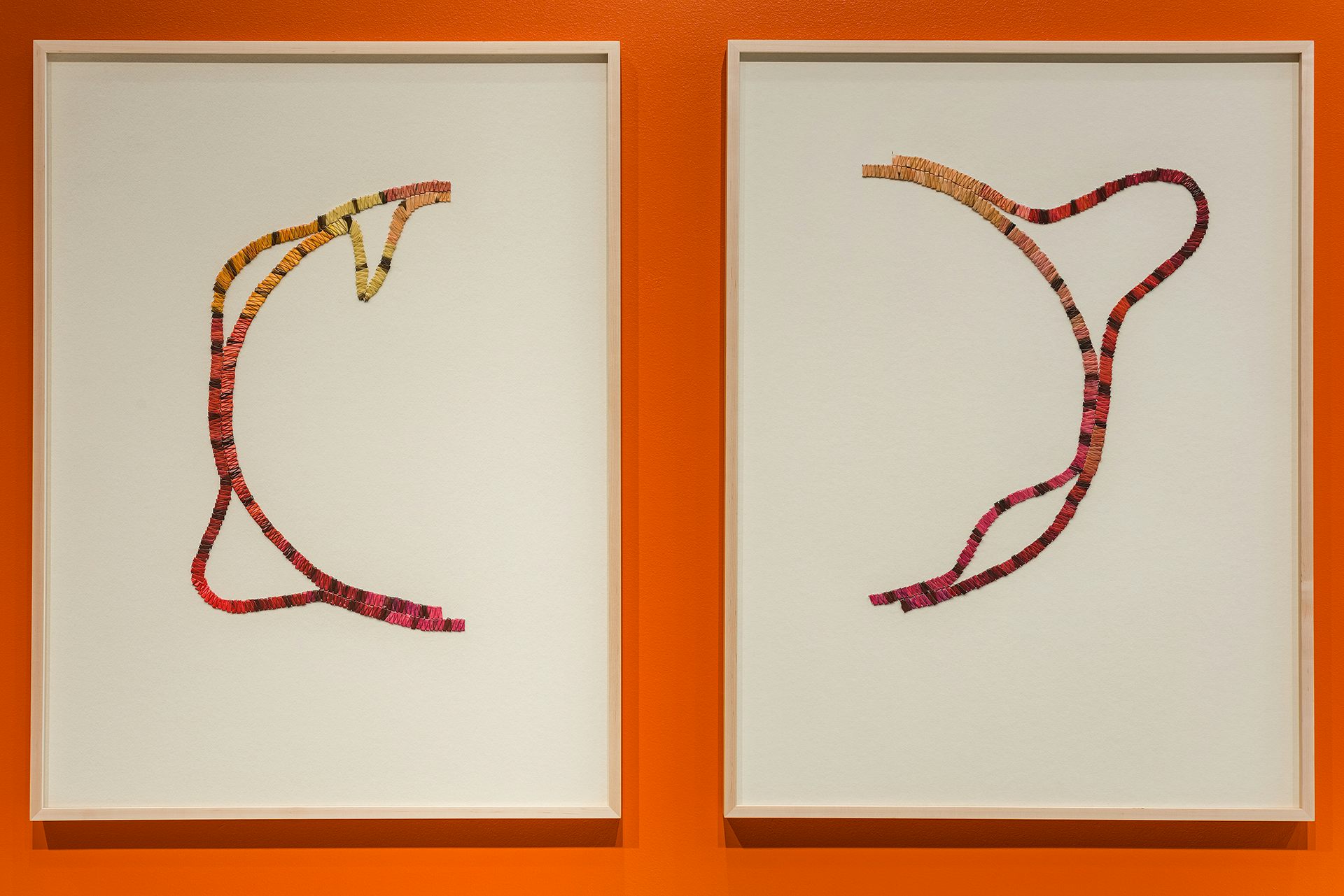 Two framed images seen against an orange-red wall which appear to show in each image half a hoop.