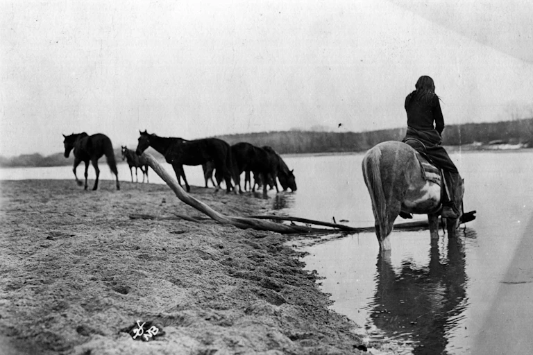 Old photograph of man sitting on a horse that's drinking from a river.