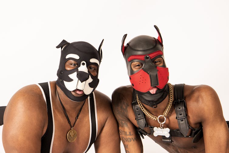Two men in pup hoods and gear.