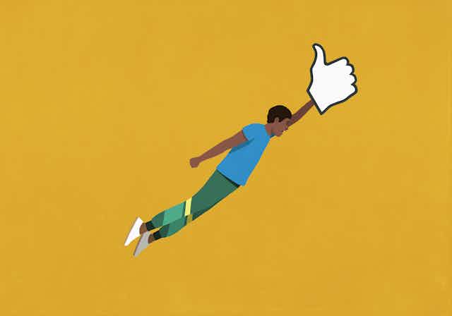 Man riding flying social media like button against yellow background.