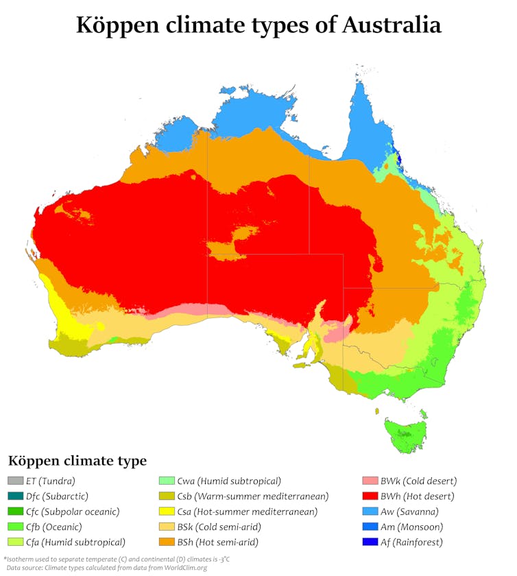 Australia koppen climate zones map showing desert climate interior and temperate on south and east coasts